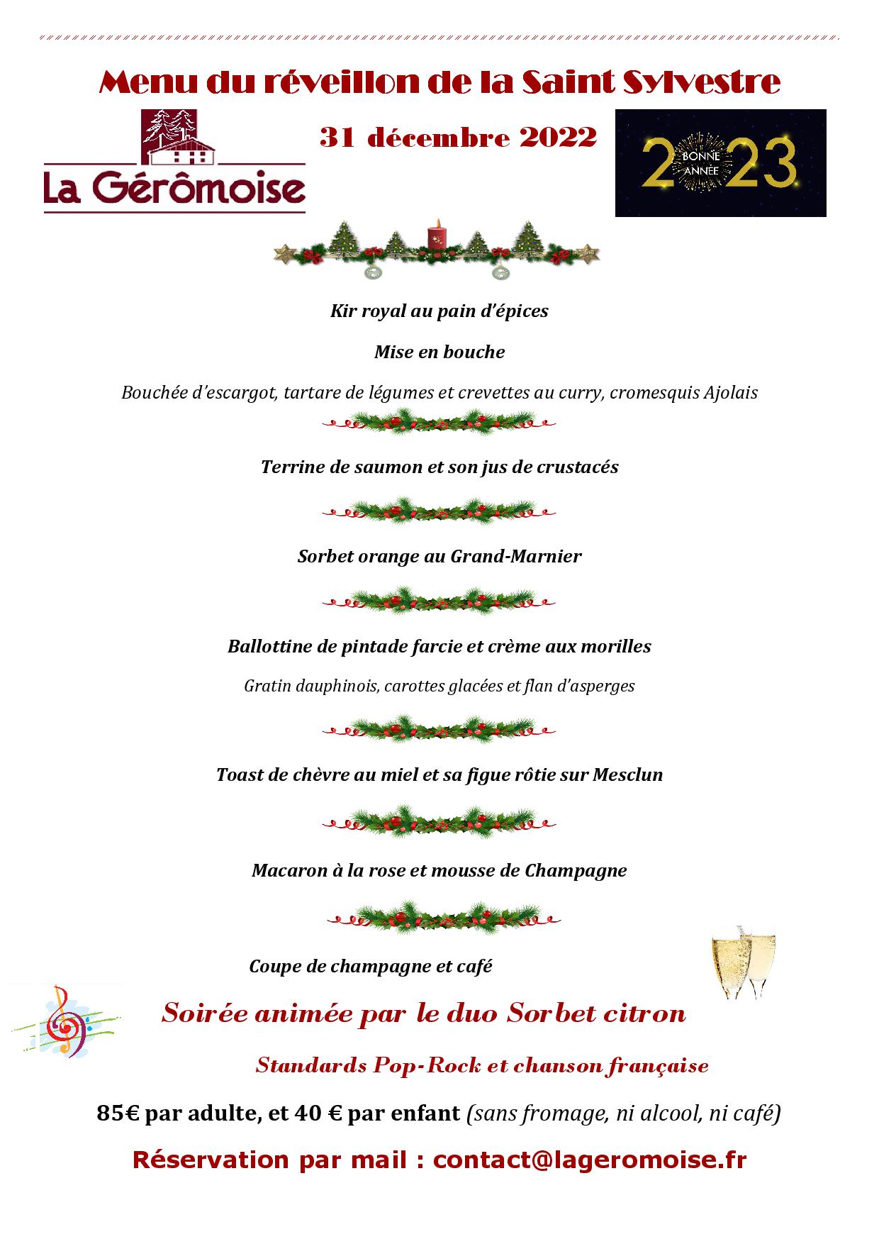 Menu de réveillon de la Saint Sylvestre 31 décembre 2022 La Géromoise